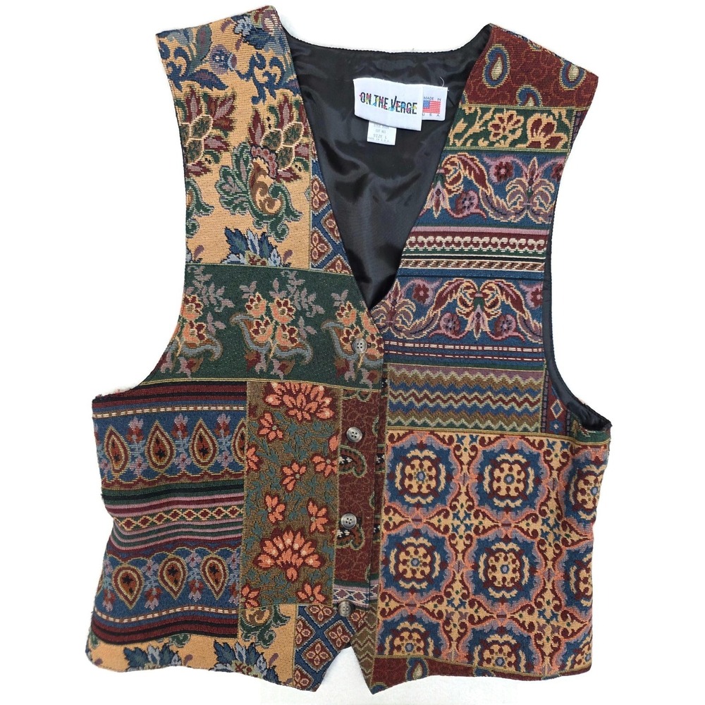 On The Verge Vest Womens Large Multicolor Tapestry Patchwork Button Lined USA